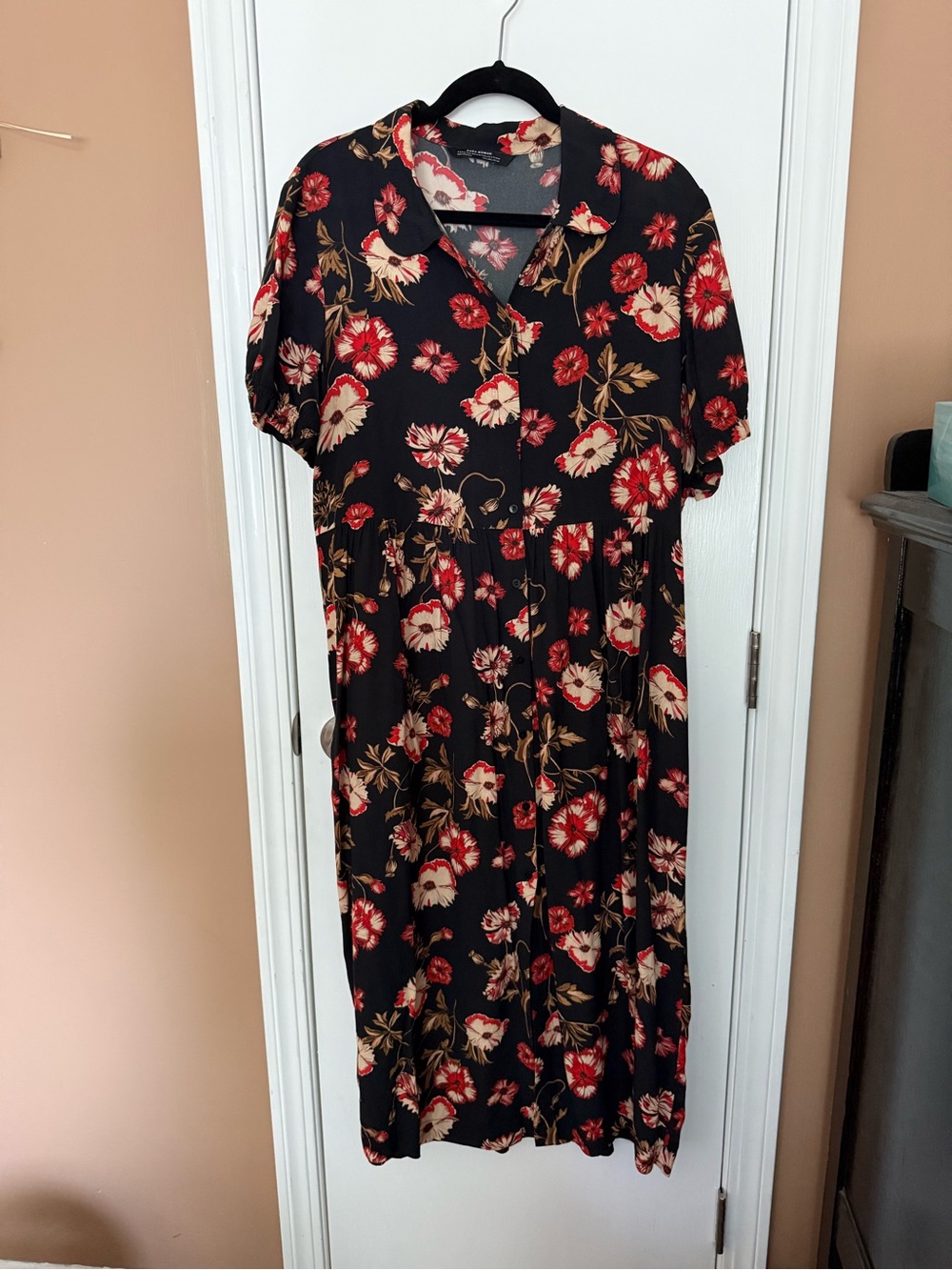 Zara Black Midi Dress with Red & Cream Floral Print